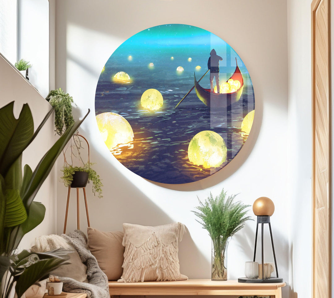 Luminous golden orbs floating in a dreamlike seascape under a dark sky.
