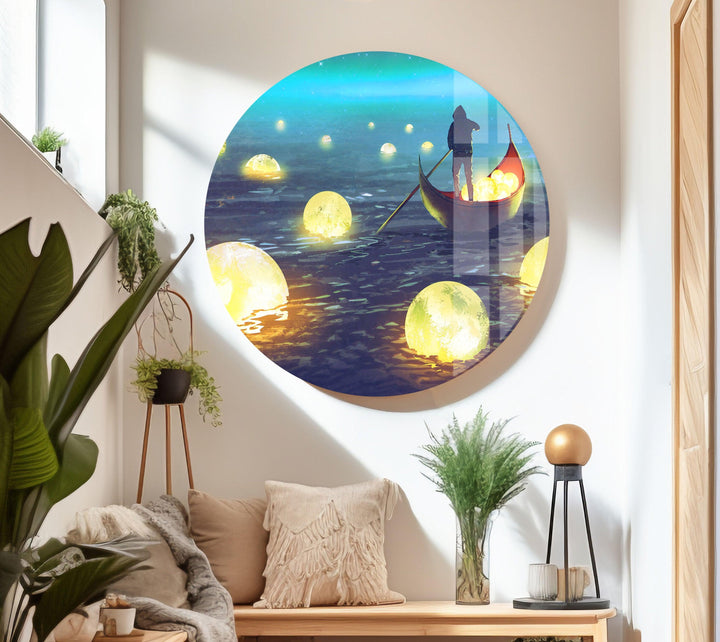 Luminous golden orbs floating in a dreamlike seascape under a dark sky.
