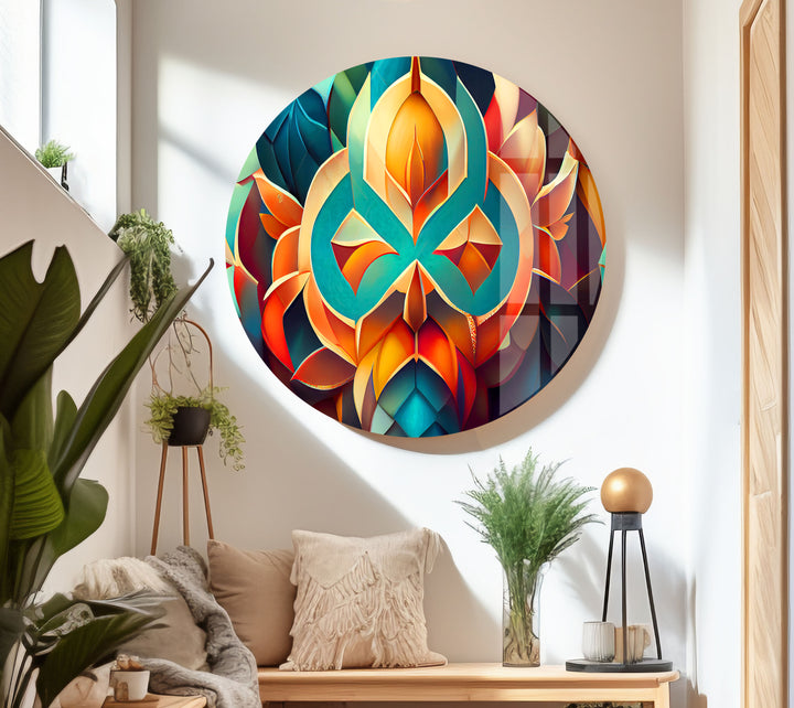 3D Geometric Mandala Glass Wall Art – Vibrant Abstract Lotus Design