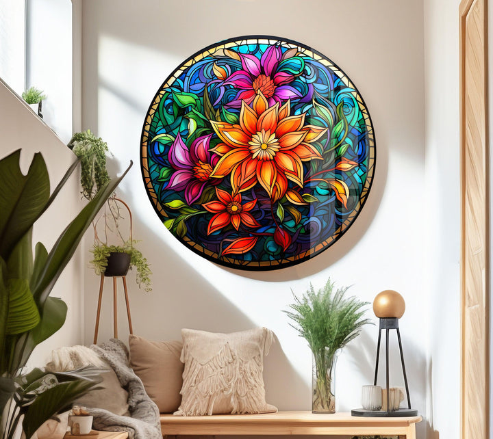 Vintage Floral Stained Glass Wall Art print picture on glass, Tempered Glass Wall Art