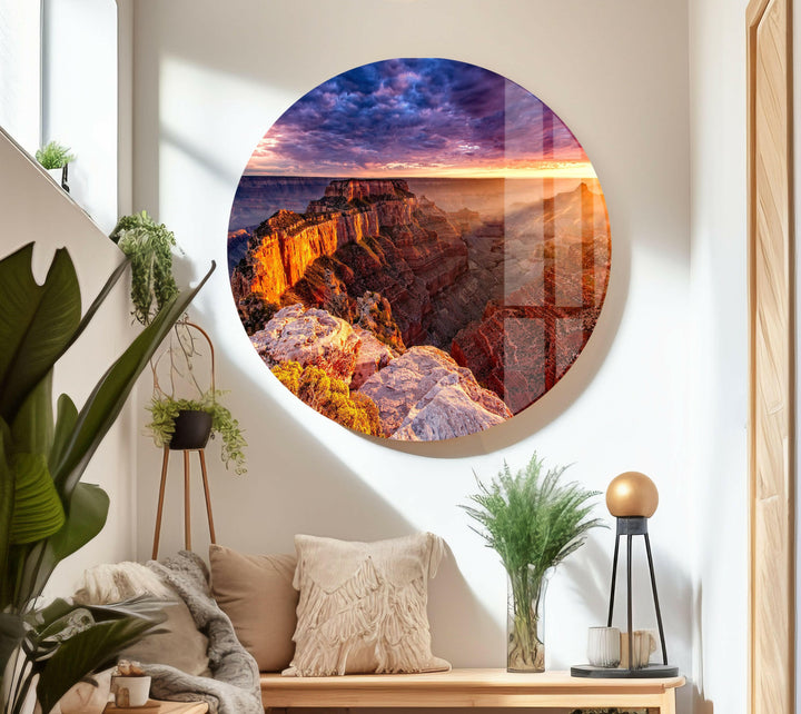 Grand Canyon’s Rugged Beauty in Golden Light – A Striking Glass Print

