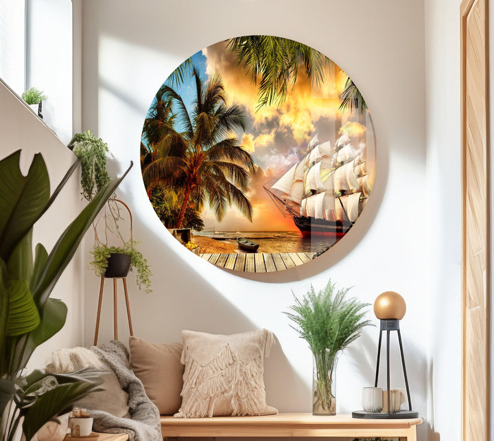 A beautifully detailed glass wall art of a treasure island with a pirate ship and dreamy sunset.
