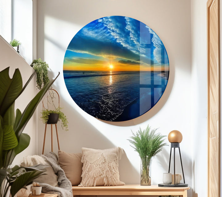 Elegant home decor featuring a striking cloudscape and ocean reflections.
