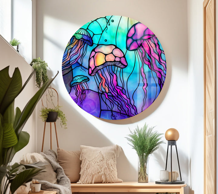 Colored Jellyfish Glass Wall Art glass pictures for Wall, glass prints wall art