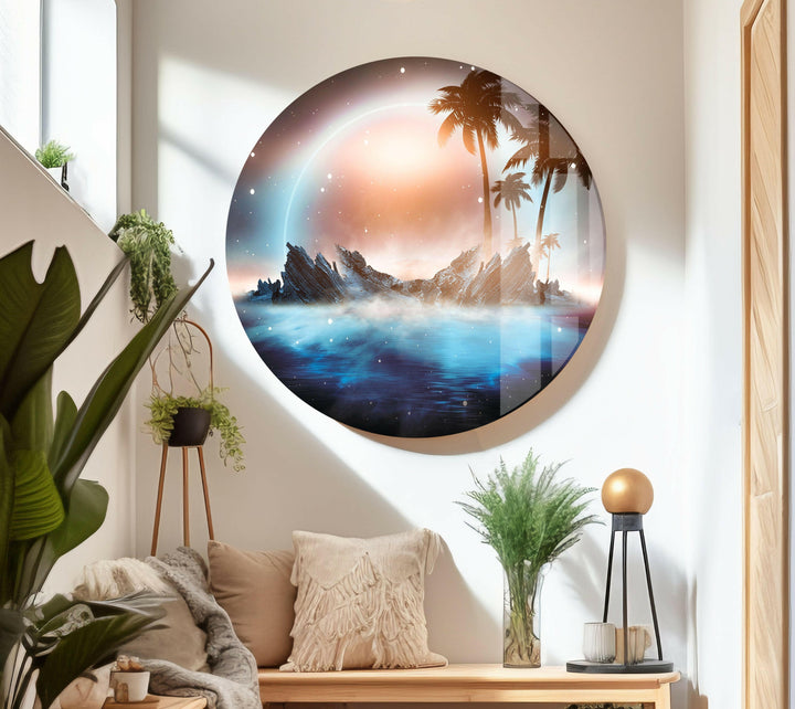 A fantasy landscape with floating palm trees and cosmic light reflections.
