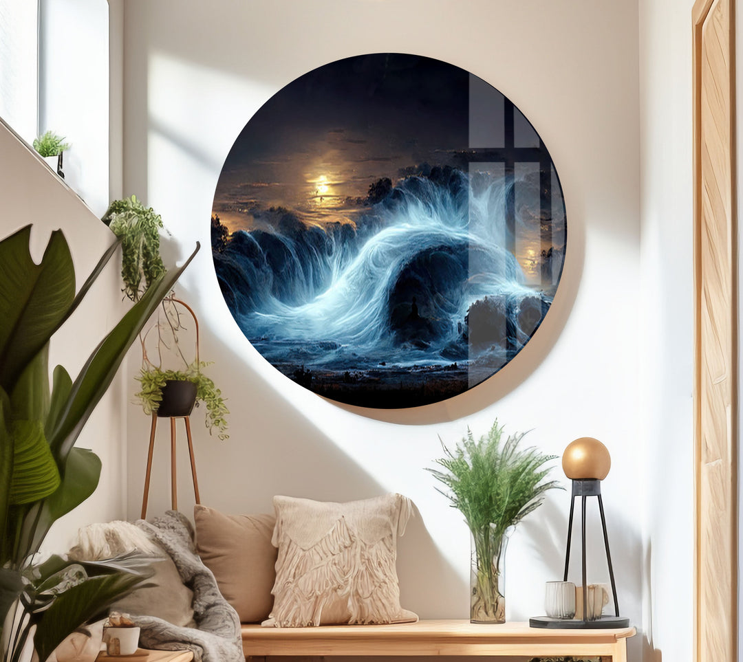 Elegant home decor featuring a turbulent ocean illuminated by moonlight.
