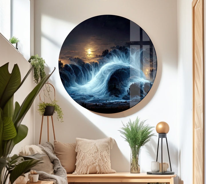 Elegant home decor featuring a turbulent ocean illuminated by moonlight.
