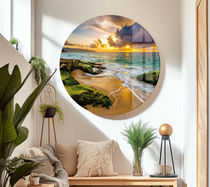 Golden sunset over a rocky shore, captured in high-definition glass wall art.
