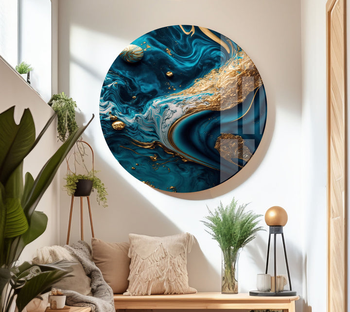 Gold with Blue Alcohol ink Glass Wall Art, glass image printing, glass prints from photos