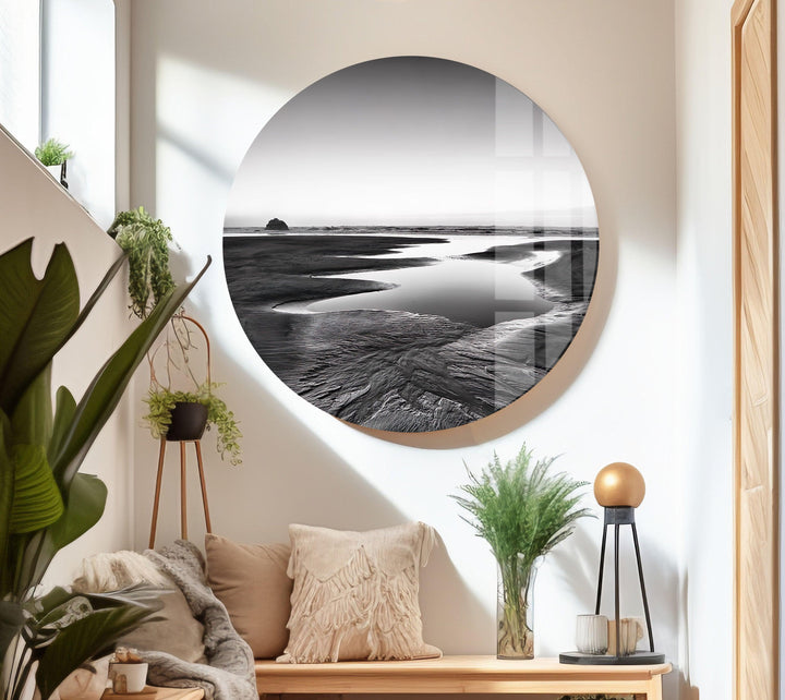 Minimalist glass wall art of a beach scene, adding a unique and striking touch of nature to your home decor.
