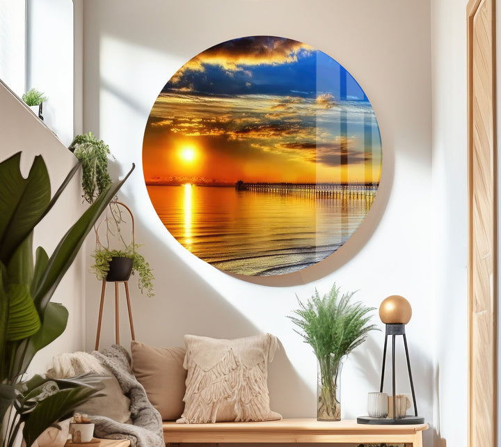 Ocean Pier in Golden Light – A Peaceful Nature Scene on Glass

