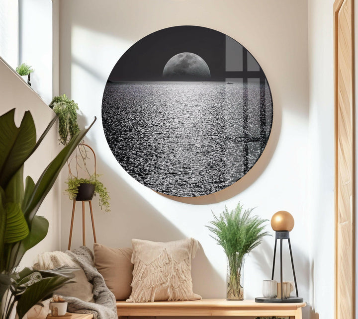 Mysterious Ocean Under the Full Moon – A Striking Glass Print
