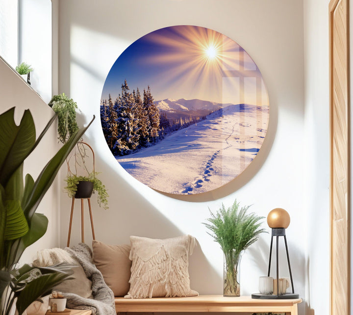 Mountain Trail Covered in Snow – A Scenic Glass Print for Wall Decor
