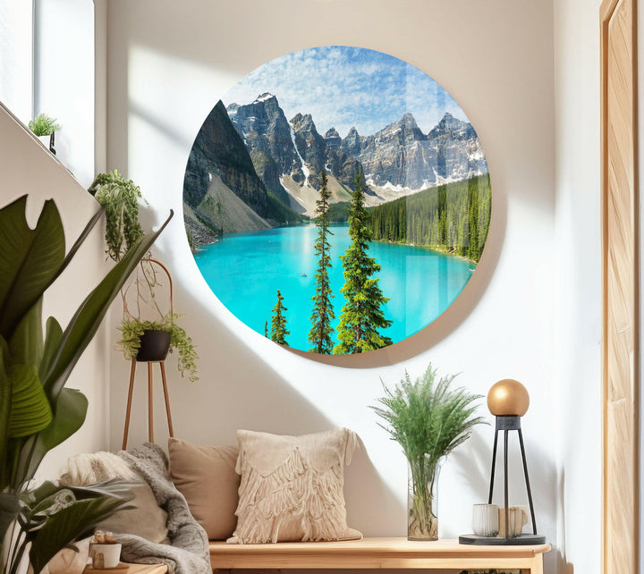 Moraine Lake captured in crystal-clear glass, offering a stunning view of its turquoise waters and surrounding wilderness.
