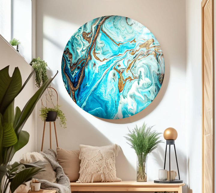 Gold and Turquoise alcohol ink Glass Wall Art