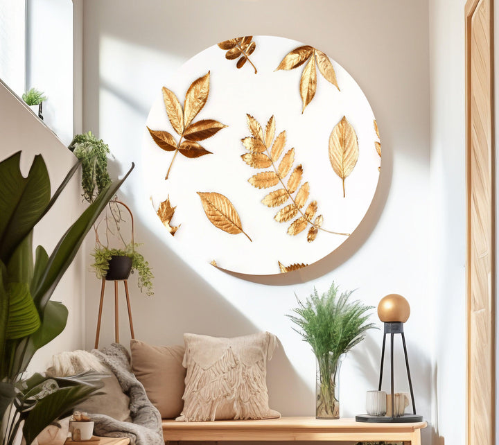 Golden Leaves Glass Wall Art, photo print on glass, prints on glass wall art