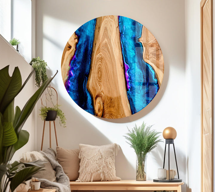 Wandkunst aus Holz und blauem Epoxidglas