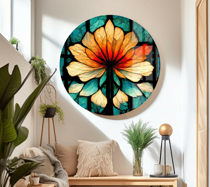 Stained Orange Floral Glass Wall Art glass art painting, glass art for the Wall