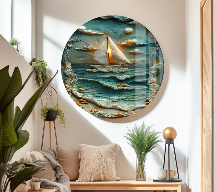 Boat & Sunset Landscape Clay Art Glass Wall Art picture on glass wall art, photos printed on glass

