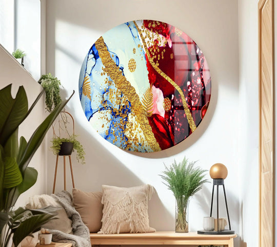 A bright, luminous expanse of blue and red alcohol ink art, accented with dazzling gold leaf, forms a stunning glass art painting.