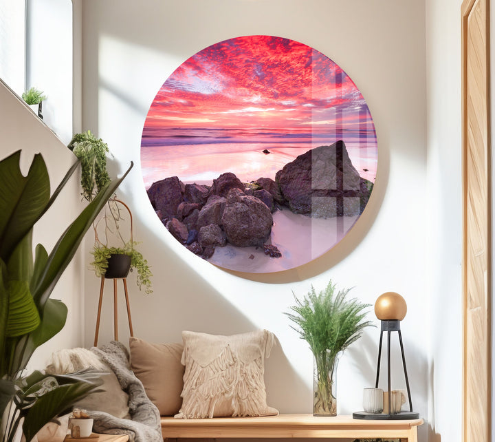 Coastal decor piece featuring a stunning pink sunset over ocean waves.
