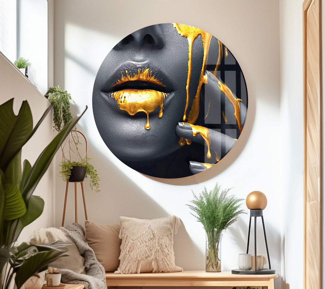Black Woman with Yellow Lips Glass Wall Art