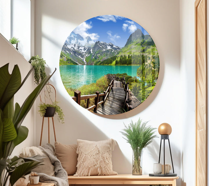 Modern wall art showcasing a breathtaking mountain escape with lush forests.
