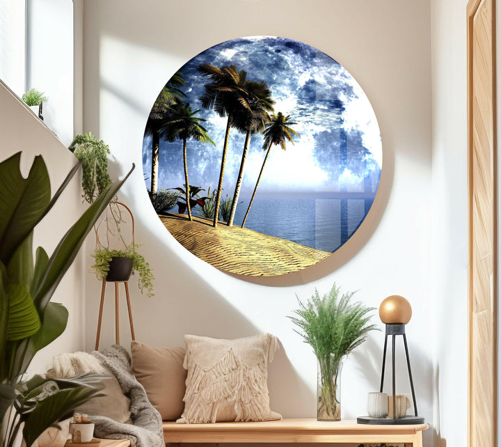 Full moon ocean reflection glass art capturing a peaceful coastal night.

