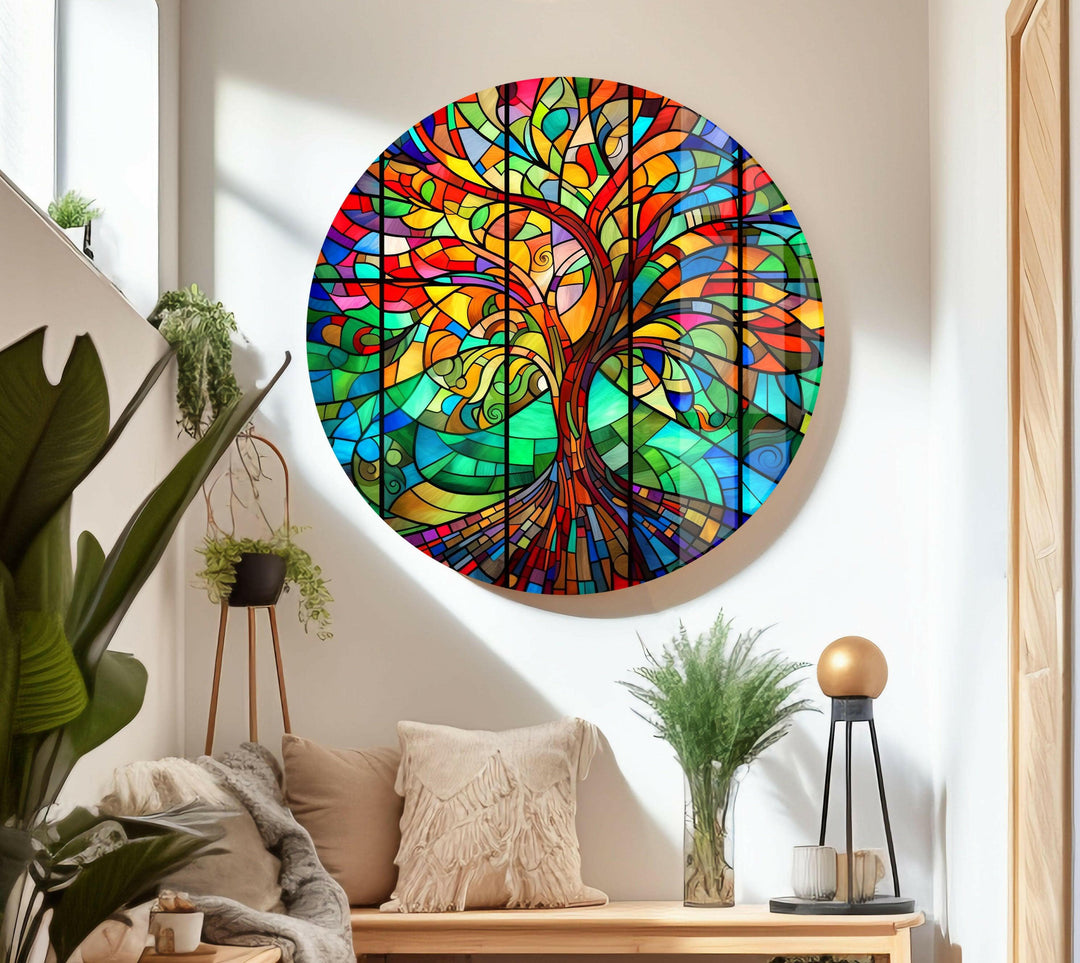 Life of Tree Multicolored Glass Wall Art print picture on glass, Tempered Glass Wall Art