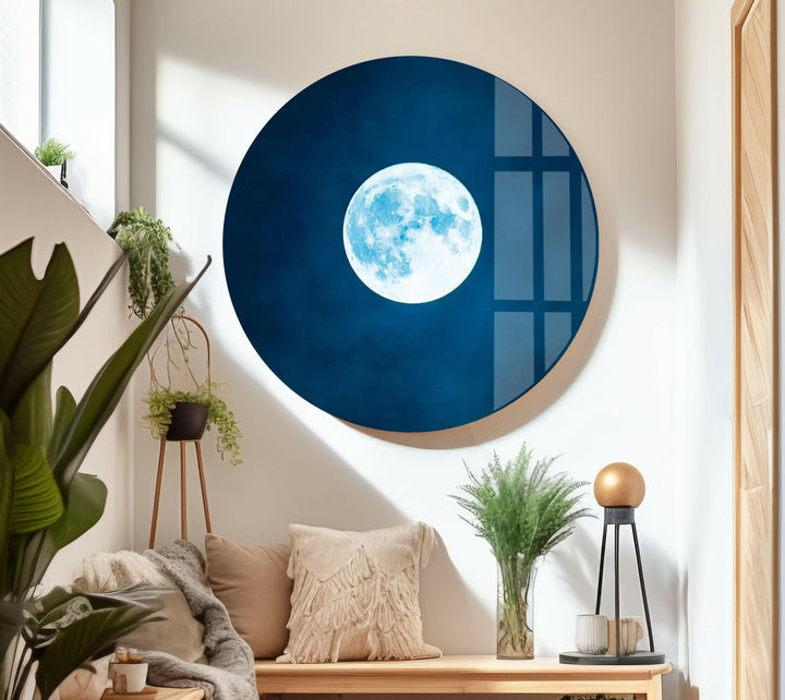 Deep space-inspired glass wall art featuring a beautifully detailed glowing moon.
