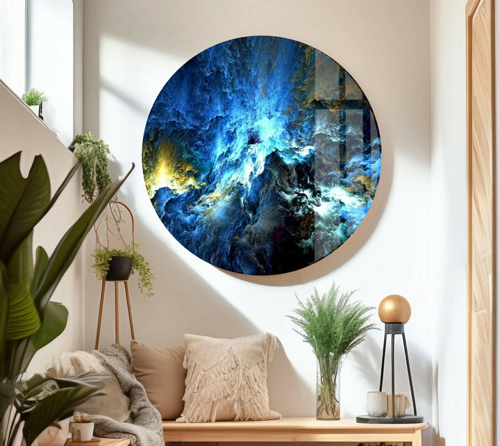 Stunning Cosmic Storm Abstract Wall Art featuring unique abstract glass design in vibrant blue hues for modern decor.