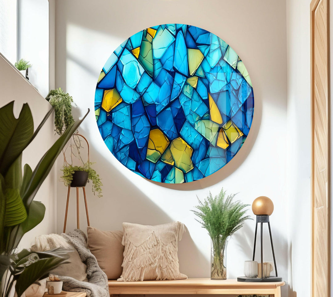 Mosaic Blue & Yellow Glass Wall Art photo print on glass, prints on glass wall art