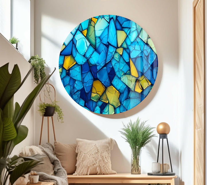 Mosaic Blue & Yellow Glass Wall Art photo print on glass, prints on glass wall art