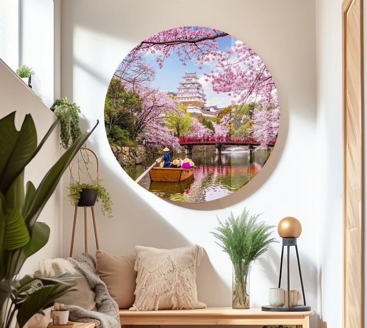 Cherry Blossom River Reflection – A Peaceful Nature Scene on Glass
