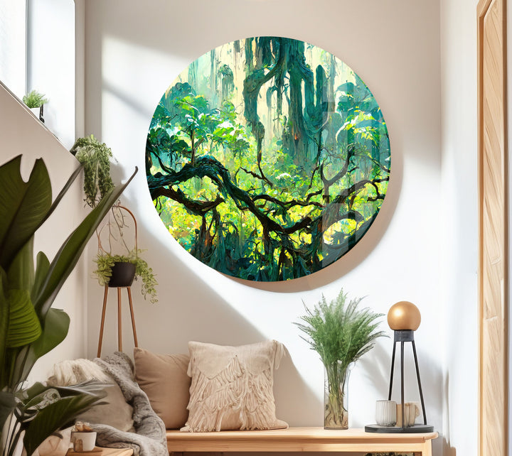 Enchanting forest view on glass, offering a unique and calm focal point for your living room.
