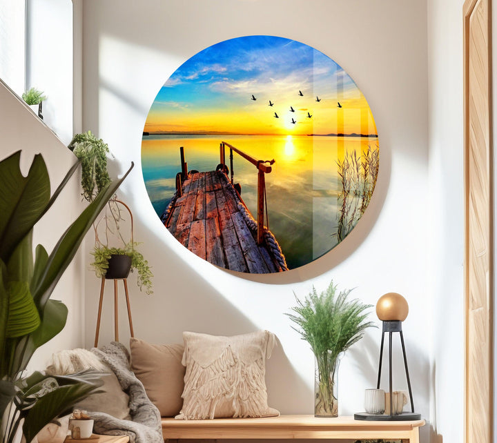Sunrise Dock Reflection – A Breathtaking Ocean View on Glass Print
