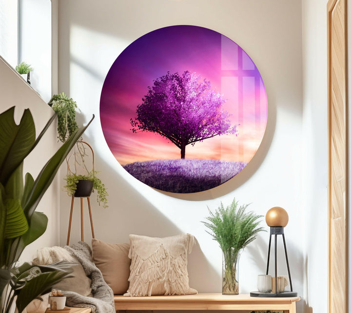 Purple Tree Landscape Glass Wall Art photo print on glass, prints on glass wall art