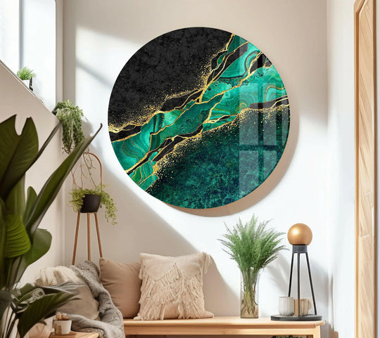 The soft, ethereal texture of the emerald green marble glass decorative wall art with shimmering gold accents creates a gentle flow.