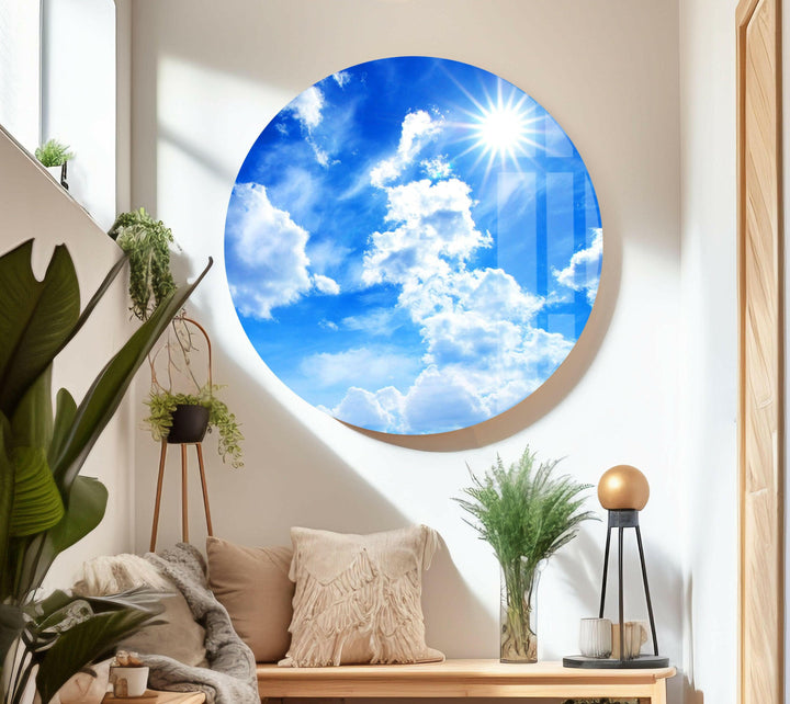 Brilliant Sky and Fluffy Clouds – A Captivating Glass Wall Art Piece
