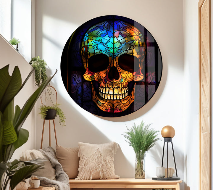 Gotischer Totenkopf Buntglas Wandkunst – Dunkles ästhetisches Fensterdesign, ausgefallene Wohndekoration 