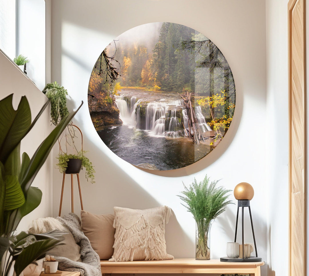 Majestic Autumn Waterfall with Vibrant Foliage – A Stunning Glass Print
