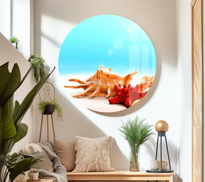 A stunning beach-inspired artwork with detailed seashells and a bright blue sky.
