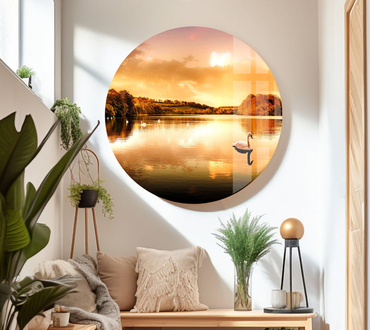 Golden Hour by the Lake – A Relaxing Landscape on Glass Wall Art
