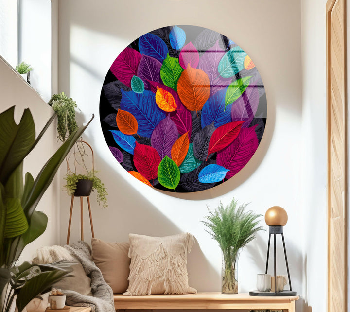 Modern Colorful Leaf Glass Wall Art, glass art painting, glass art for the Wall