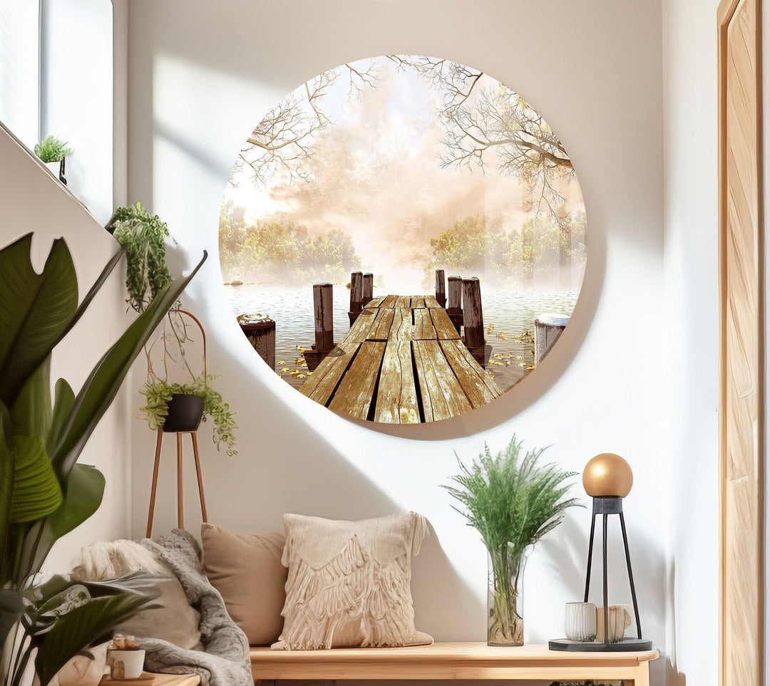 Nature’s Calm: Sunrise Over a Peaceful Dock – A High-Quality Glass Art
