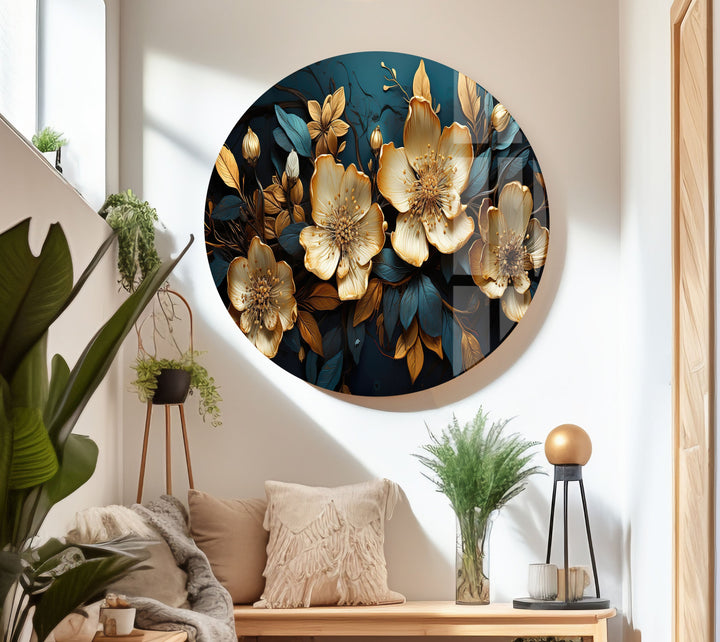 Gold & Blue Botanical Glass Wall Art art glass wall art, glass wall art pictures
