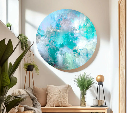 Sunlight casts soft shadows across a vibrant turquoise abstract glass wall art print, highlighting its ethereal texture.