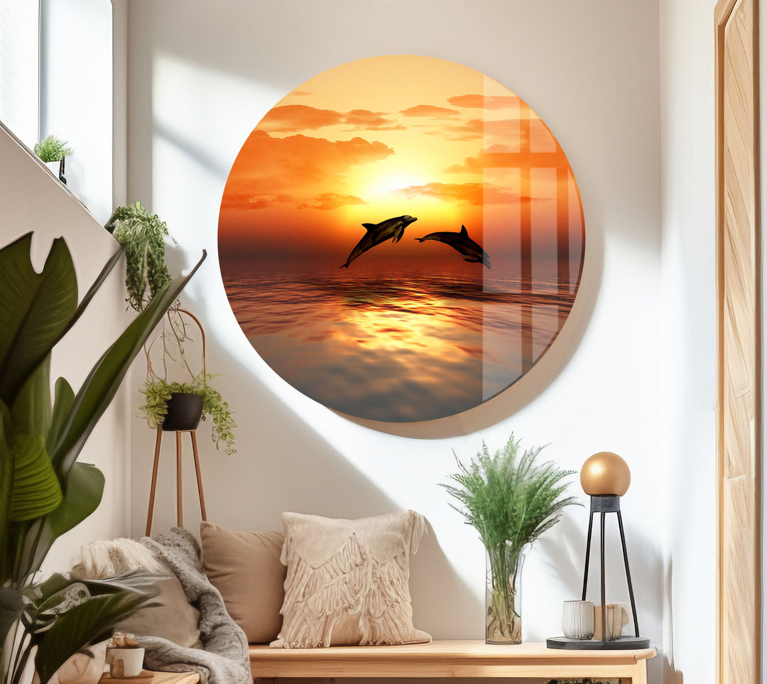 Vibrant sunset sky with leaping dolphins, adding a touch of serenity to your decor.
