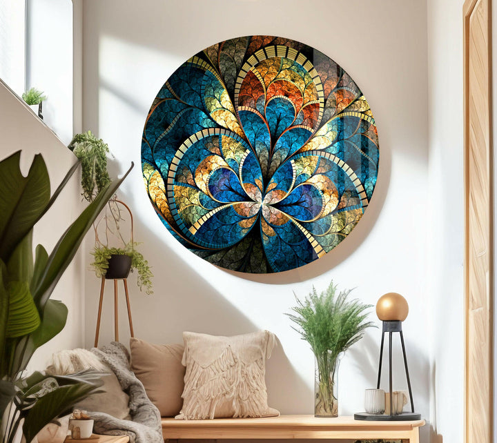 dark Fractal Mandala Flower Glass Wall Art for Living Room
