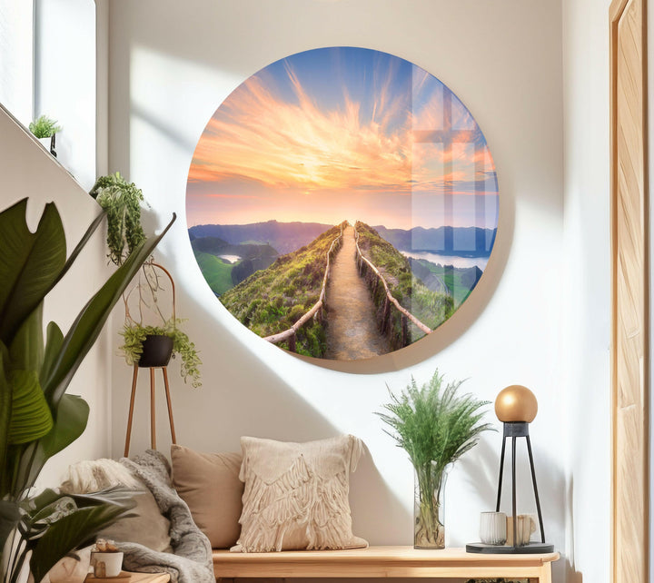 8K high-quality glass print showcasing a sunrise over rolling hills and valleys.
